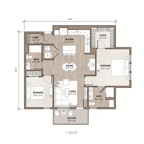 Floor plan for 2 beds, 2 baths, 1186 sqft